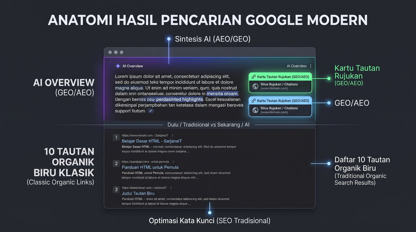 Anatomi hasil pencarian modern Google AI Overviews vs hasil pencarian organik konvensional Anatomi hasil pencarian modern Google AI Overviews vs hasil pencarian organik konvensional