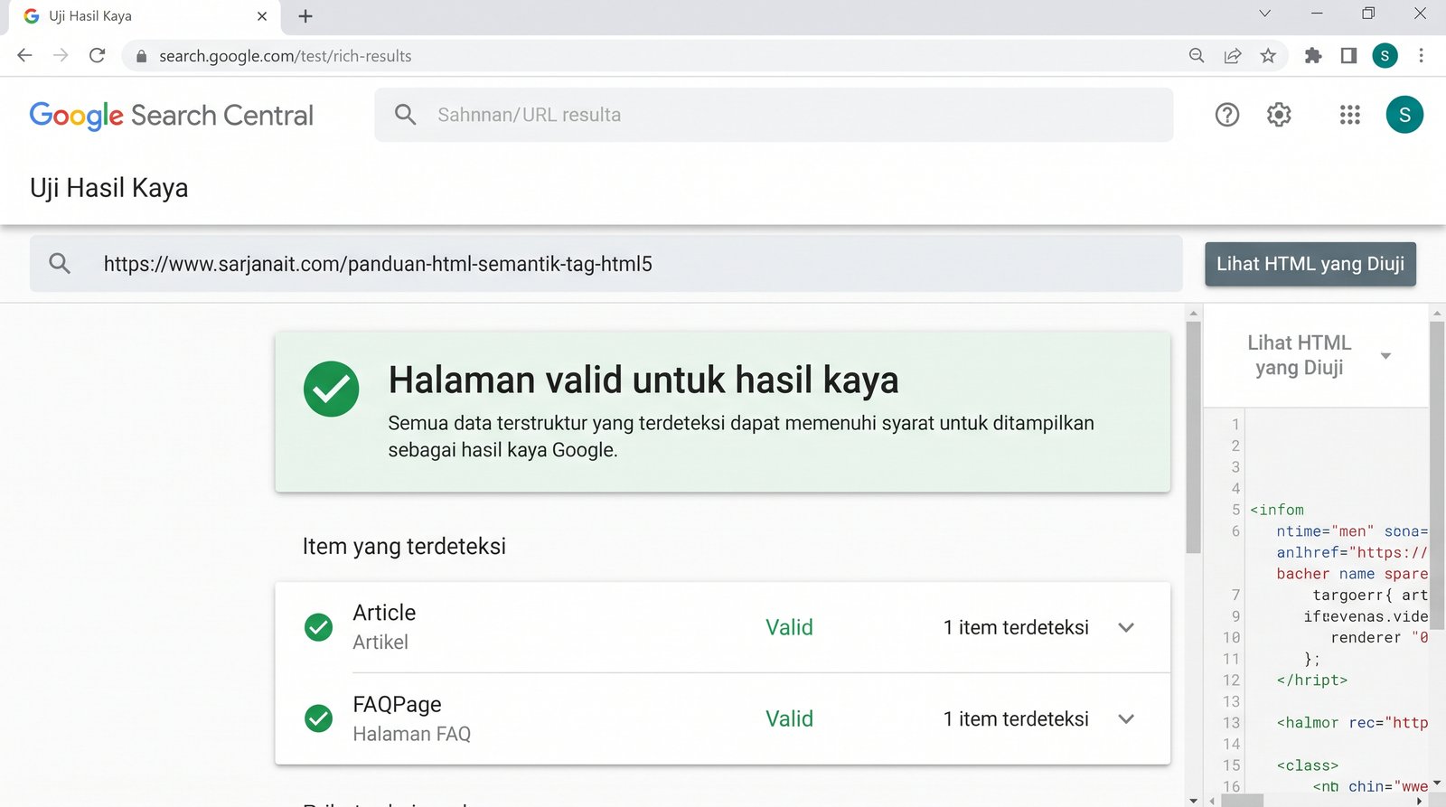 Validasi skema JSON-LD untuk artikel teknik GEO dan AEO pada Google Rich Results Test Validasi skema JSON-LD untuk artikel teknik GEO dan AEO pada Google Rich Results Test