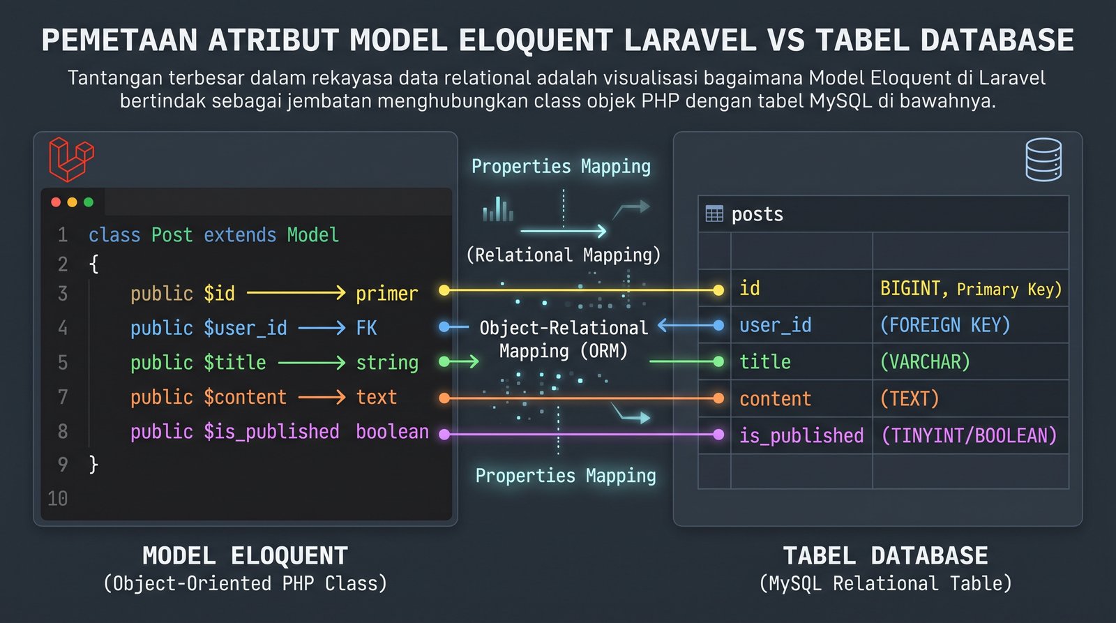 Pemetaan atribut Model Eloquent Laravel terhadap kolom tabel database Pemetaan atribut Model Eloquent Laravel terhadap kolom tabel database